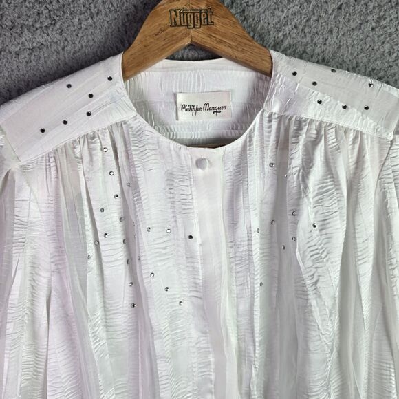 Philippe Marques White Studded Pleated Blouse 10 Long Sleeve USA - Picture 5 of 12